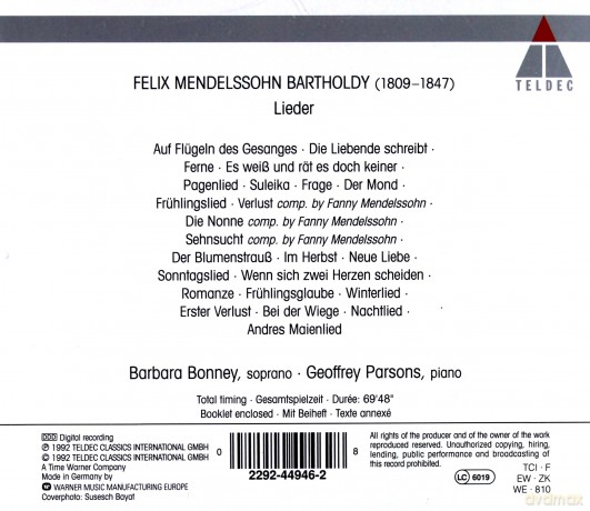 Bonney/Parsons: F. Mendelssohn.: Lieder [CD]