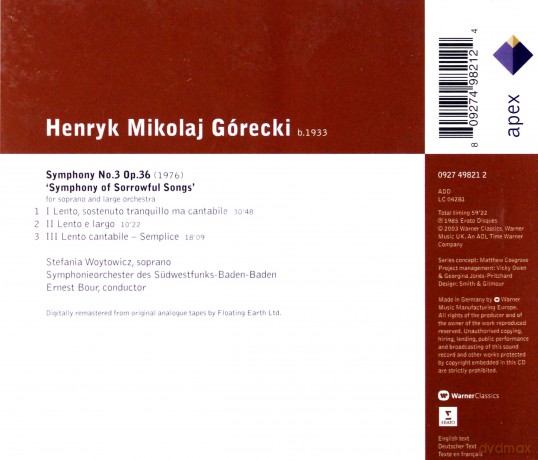 Ernest Bour/Stefania Woytowicz: Henryk Górecki: Symphony Nr 3 [CD]