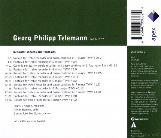 Bruggen/ Bylsma/ Leonhardt: Telemann: Sonatas and Fantasias [CD]
