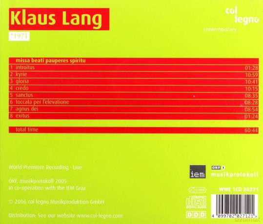 Lang Klaus: Missa Beati Pauperes Spiritu [CD]