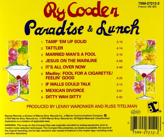 Ry Cooder: Paradise And Lunch [CD]