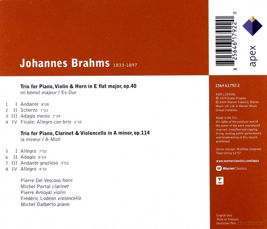 Dalberto/Amoyal/Del Vescovo/Portal: Brahms: Horn Trio, Klarinetten Trio [CD]