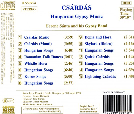 Santa Ferenc And His Gypsy Band: Csardas - Hungarian Gypsy Music [CD]