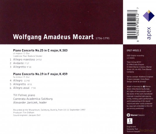 Till Fellner/A. Janiczek/Camer: Mozart: Klavierkonzerte Nr.19+25 [CD]