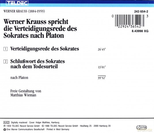 Werner Kraus: Verteidigungsrede Des Sokrates [CD]