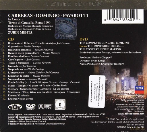Three Tenors: Carreras Domingo Pavarotti In Concert Rome 1990 25th Anniversary Edition [CD]+[DVD]