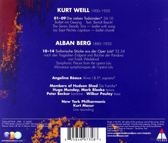 Kurt Masur/Angelina Reaux/New York Philharmonic: Weil: Die Sieben Todsünden; Berg: Lulu Suite [CD]
