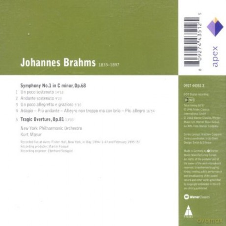 Kurt Masur/Nypo: Brahms: Symphony No.1/Tragic Ouve [CD]