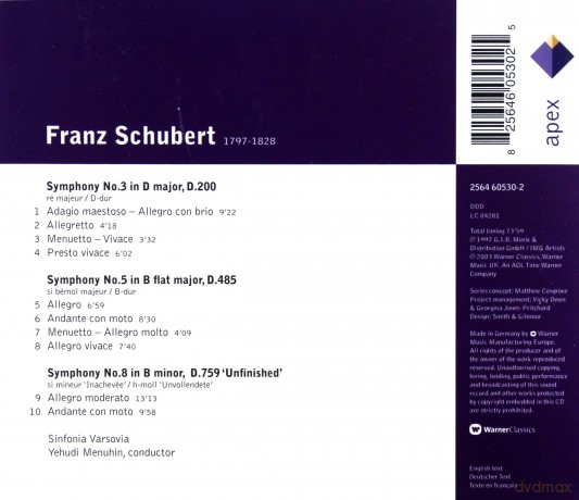 Yehudi Menuhin/Sinfonia Varsovia: Schubert: Sinfonien Nr.3,5,8 [CD]