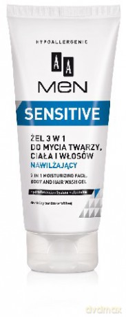 AA Men Sensitive: Żel 3w1 do mycia twarzy ciała i włosów (nawilżający) 200 ml
