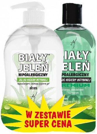 Biały Jeleń Duo: Żel do higieny intymnej Aloes (damski) 500 ml + Drzewo Sandałowe (męski) 300 ml