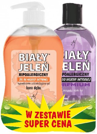 Biały Jeleń Duo: Żel do higieny intymnej Kora Dębu (damski) 500 ml + Paczula (męski) 300 ml