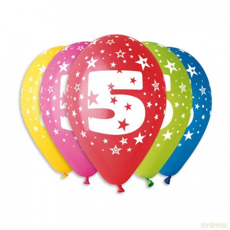 Balony 12 z nadrukiem "5" pastelowe