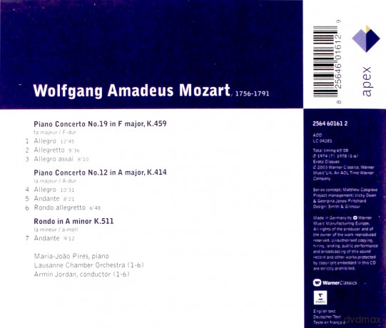 Pires/Jordan/Orch.De Chambre: Mozart: Piano C.12&19 [CD]