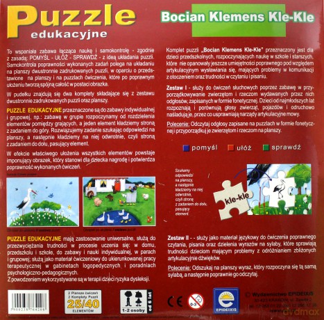 Puzzle Logopedyczne - Bocian Klemens Kle - Kle.Wyrazy dźwiękonaśladowcze, - głoski: j, ł, ch, n, m [PUZZLE]