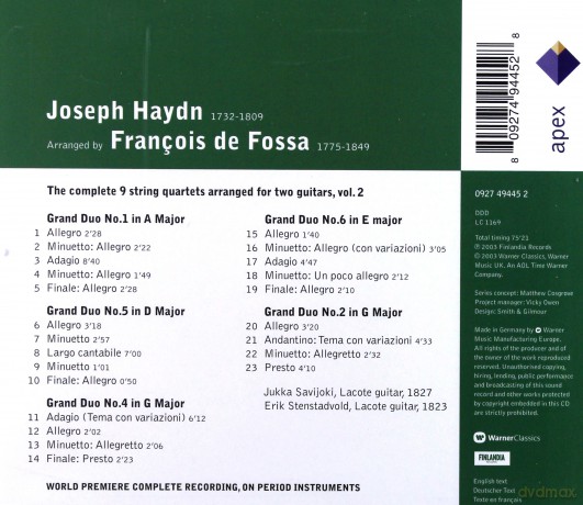 Haydn - de Fossa: String Quartets arranged for two guitars, vol.2 [CD]