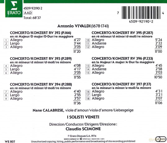 Scimone/Isv/N. Calabrese: Antonio Vivaldi.: Kon.F.Viola D'amore [CD]