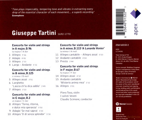 Toso/Scimone/Isv: Tartini: Violin Konzerte [CD]