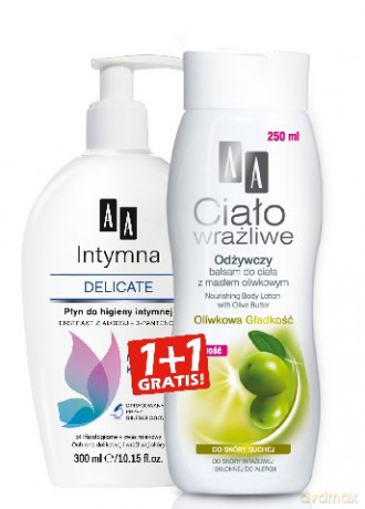 AA Ciało Wrażliwe DUO Płyn do higieny intymnej DELICATE dozownik 300 ml + Balsam do ciała oliwkowy 250 ml gratis)
