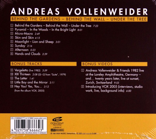 Andreas Vollenweider: Behind The Gardens-Behind The Wall-Under The Tree (digipack) [CD]