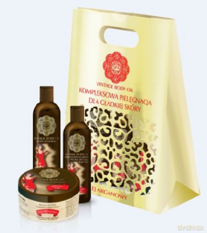 Vintage Olej Arganowy Zestaw prezentowy Ażurowa Torebka (peeling do ciała 200 ml + olejek do kąpieli 200 ml + peeling do rąk i stóp 130 ml)