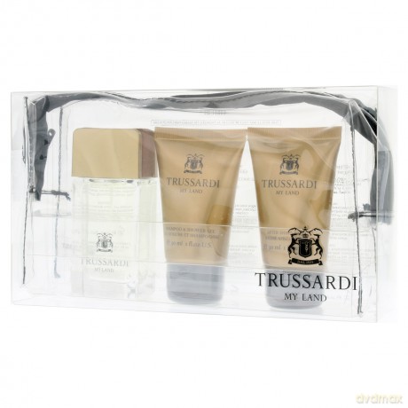 Trussardi My Land Zestaw Woda toaletowa 30 ml spray + Balsam po goleniu 30 ml + żel pod prysznic 30 ml + kosmetyczka [PERFUMY]