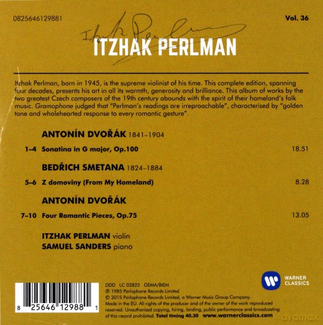 Perlman/Sanders: Dvorak: Sonatina; 4 Romantic Pieces, Smetana: From My Homeland [CD]