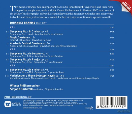 Sir John Barbirolli: Brahms: Symphonies 1-4, Tragic Overture, Academic Festival Overture, Variations On A Theme By Haydn [3CD]