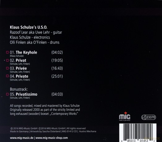 Klaus Schulze's U.S.O.: Privee (digipack) [CD]