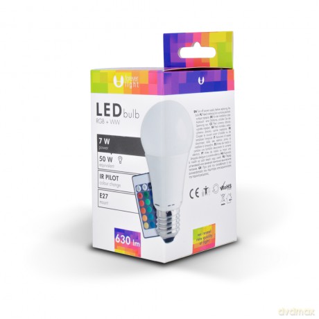 Żarówka LED E27 A60 RGB(3W) + Biały (7W) z pilotem i przetwornicą