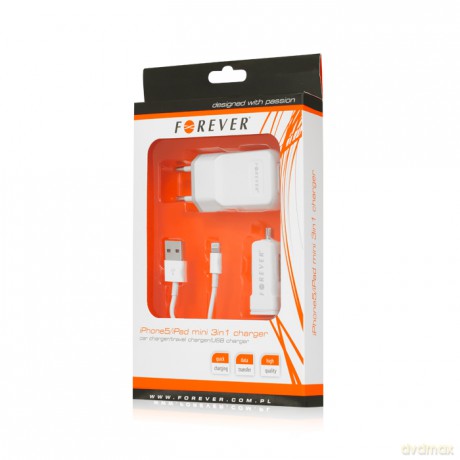 Ładowarka Forever USB 3 w 1 do iPhone 5 biała