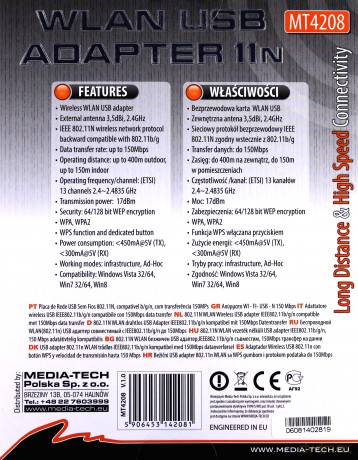 Karta Sieciowa Mt4208 WiFi USB 150Mbps Antena 3,5