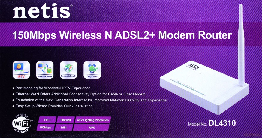 Netis Router ADSL2 WIFI GN150 + LAN x1, Antena 5 dBi x1 (DL4310)