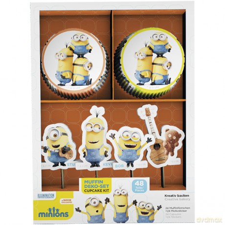Dekoracyjny zestaw na muffiny. Papilotki z pickerami 48 części Minionki