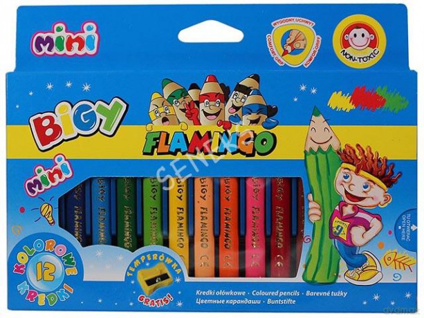 Kredki flamingo jumbo mini trójkatne z temperówką 12 kolorów