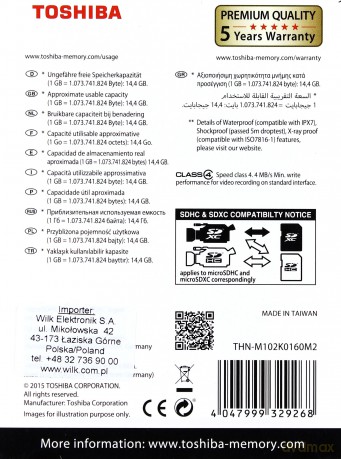 Karta pamięci Toshiba Micro SDHC 16GB z adapterem 