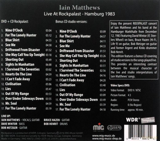 Iain Matthews: Live At Rockpalast [2CD]+[DVD]