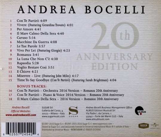 Andrea Bocelli: Romanza 20th Anniversary Edition [CD]