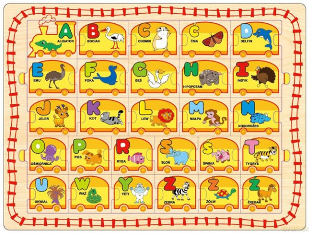 Puzzle drewniane alfabet lokomotywa