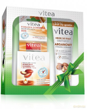 Vitea Zestaw prezentowy Argan (krem 50 ml + krem do rąk 100 ml + pomadka ochronna regenerująca 4.9g)