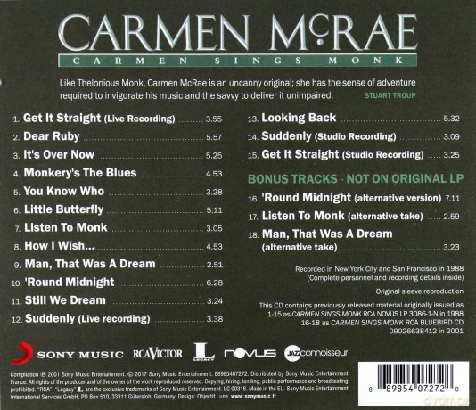 Carmen McRae: Carmen Sings Monk [CD]