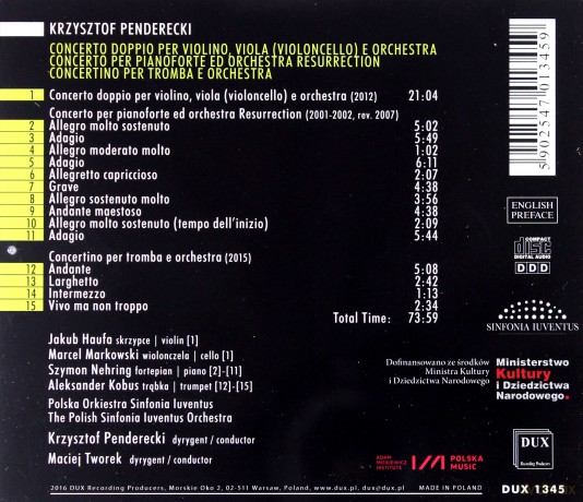 Krzysztof Penderecki Concerto Doppio Per Violino, Viola (violoncello) e Orchestra Concerto Per Pianoforte ed Orchestra Resurrection Concertino Per Tromba e Orchestra [CD]