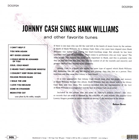 Johnny Cash: Sings Hank Williams [Winyl]