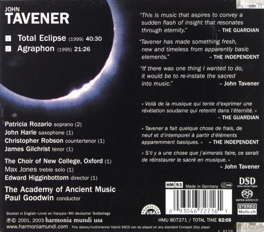 John Tavener: Tavener: Total Eclipse- Agraphon [CD]