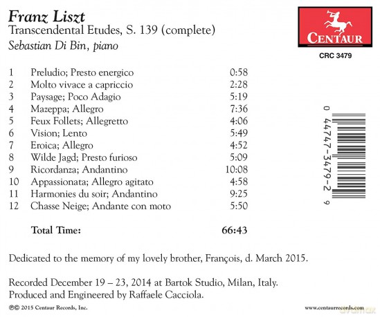 Sebastian Di Bin: Franz Liszt: Transcendental Etudes, S. 139 (complete) [CD]
