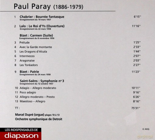 Dupre-Detriot Simphony Orchestra-Paray: Saint Saens- Symphony N. 3-Bizet-Carmen Suite-Lalo-Le Roi Dys [CD]