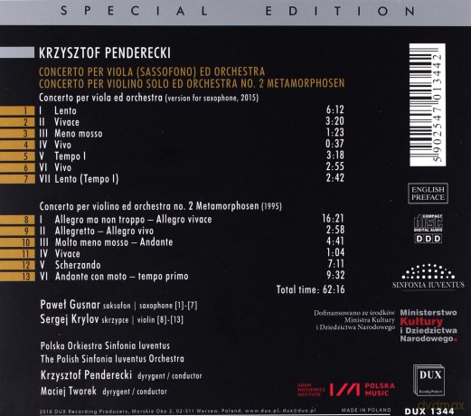 Krzysztof Penderecki Concerto Per Viola (sassofono) ed Orchestra, Concerto Per Violino Solo ed Orchestra No. 2 Metamorphosen [CD]