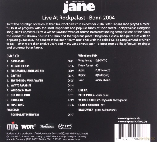 Peter Pankas Jane: Live At Rockpalast Bonn 2004 (digipack) [DVD]+[CD]