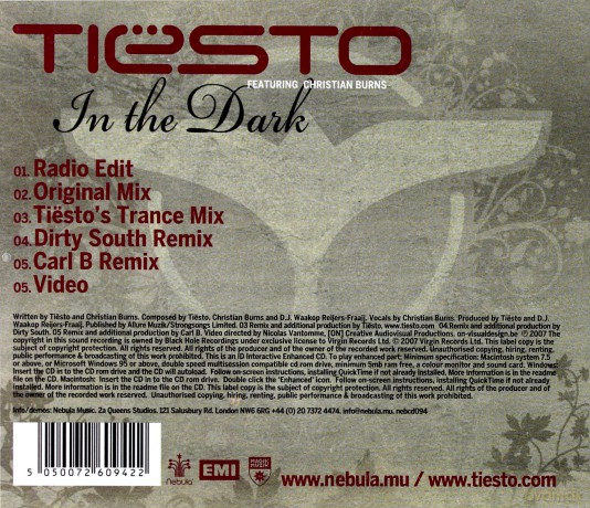 Tiesto Ft Christian Burns: In The Dark [CD]