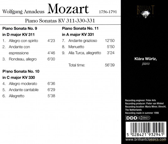 Klara Wurtz: Mozart - Piano Sonatas Kv 311-330-331 [CD]